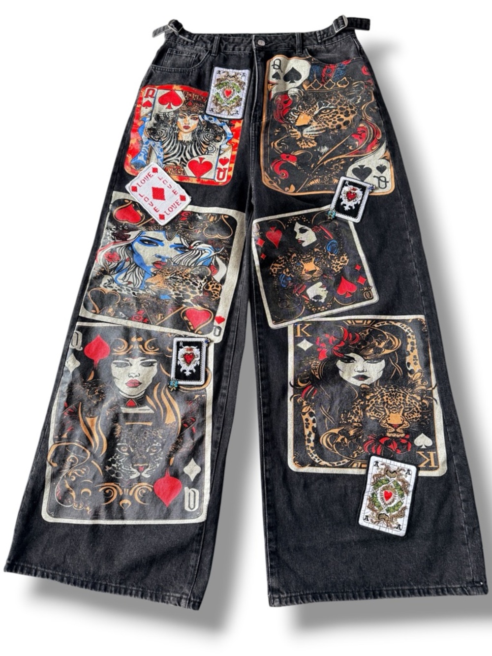 Akira RARE Queen Of Hearts Printed & Embellished Denim Jeans Pants Size 33/17 - Picture 2 of 15